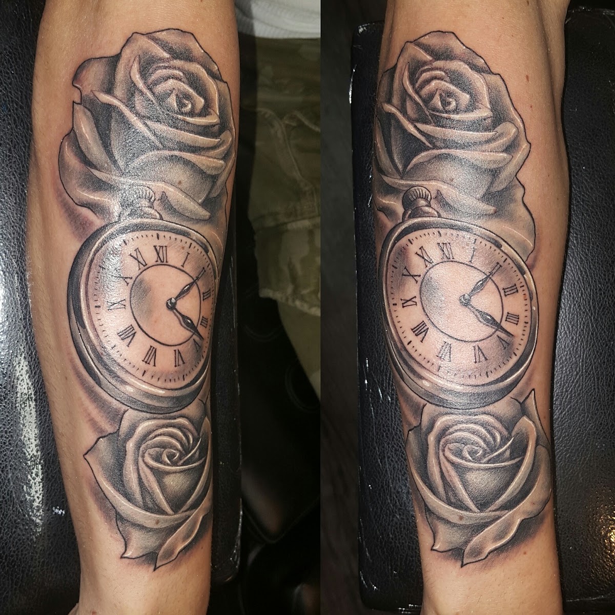 Detailed black and grey roses with pocket watch sleeve tattoo