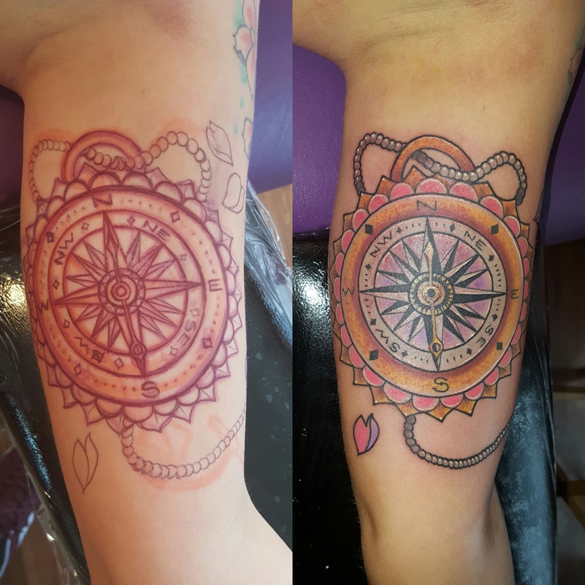 Colorful mandala compass tattoo before and after comparison